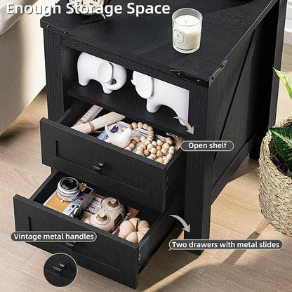 Nightstand with Charging Station, Farmhouse Night Stand with 2 Drawers and - Image 7