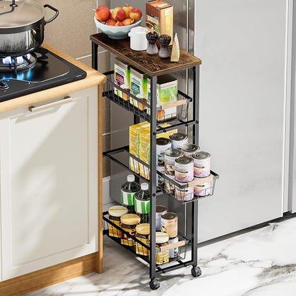 Narrow Rolling Cart with Wheels, 4-Tier Slim Metal Storage Cart with Pull-Out by Brippo