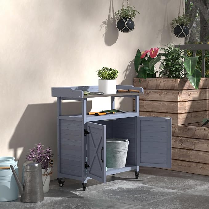 Outsunny Outdoor Wooden Potting Bench Table, Garden Workstation - Image 2