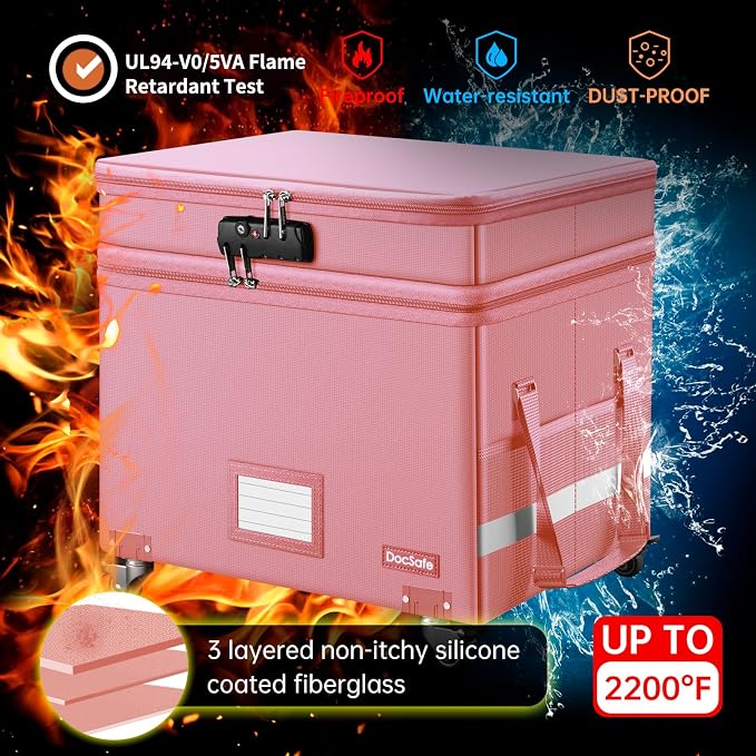 DocSafe File Box with Lock, 2-Layer Fireproof Document Box with Wheels - Image 4