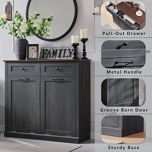 Double Tilt Out Trash Cabinet, 20 Gallon Farmhouse Laundry Hamper Cabinet - Image 3