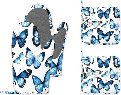Blue Butterfly Heat-Resistant Silicone Oven Mitts and Pot Holder 4 Piece Set by Unknown
