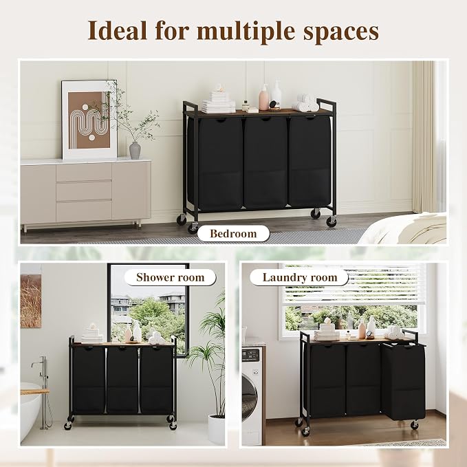 3-Section Laundry Hamper with Shelf Pull-Out Removable 12.8 gal Bags, Metal - Image 6