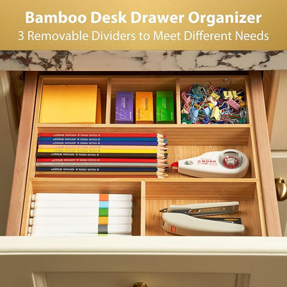Umilife Bamboo Desk Drawer Organizer, Wood Office Junk Tray - Image 3