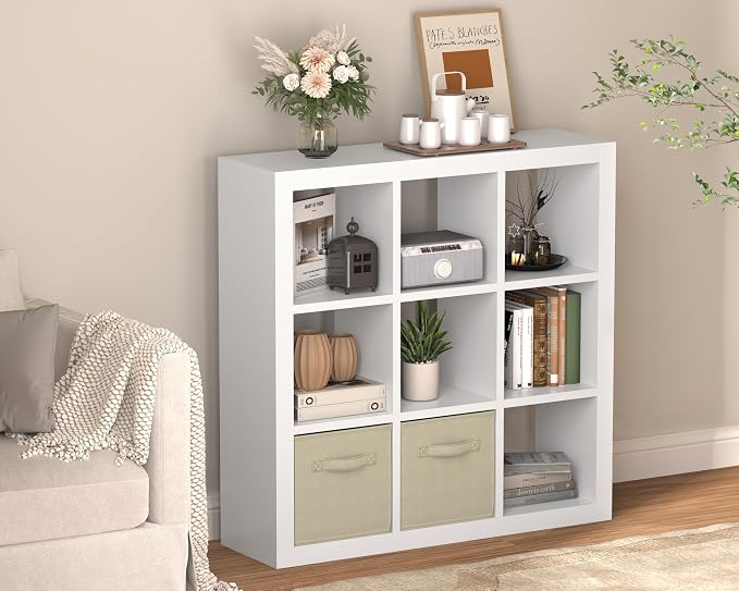 Bookshelf with Storage Bins, 9-Cube Storage Organizer Sturdy Wooden Bookcase - Image 2