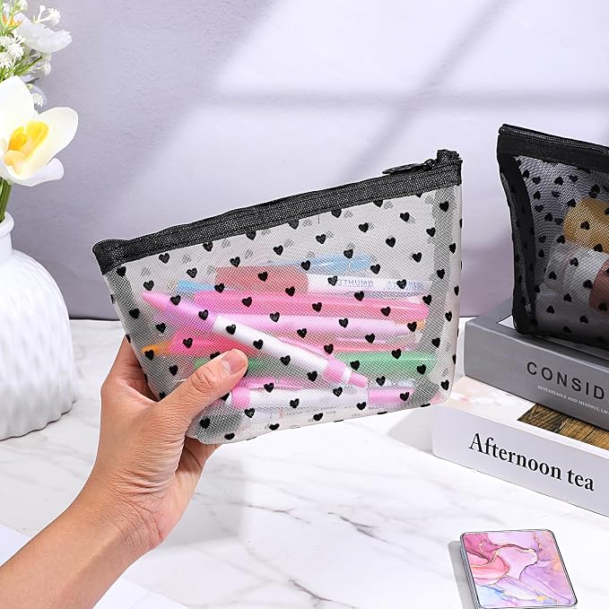 4 PCS Heart Printed Mesh Makeup Bag Set - Image 5