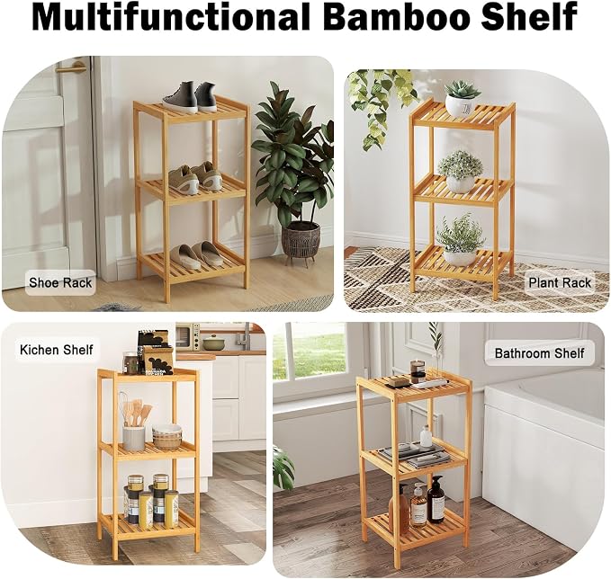 kinbor 3-Tier Bamboo Shelf Freestanding, Bathroom Standing, Natural Bamboo - Image 6
