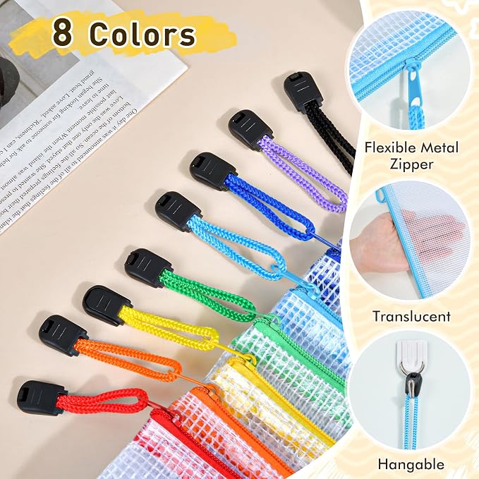 24pcs Mesh Zipper Pouch Bags, A4 Letter Size 8 Colors Plastic Zipper Bags - Image 3