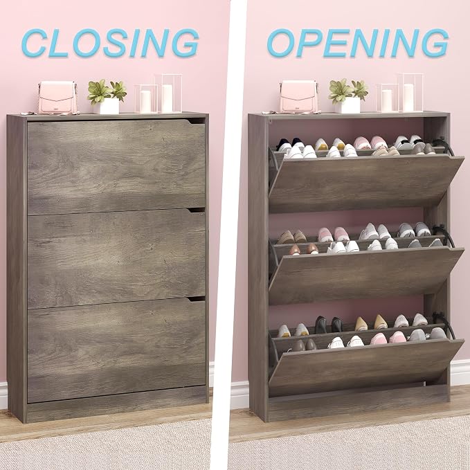BORNOON Shoe Cabinet with 3 Flip Drawers, Hidden Wood Shoe Cabinet, - Image 5