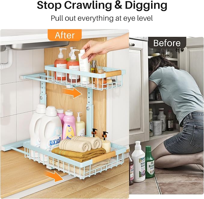 PXRACK Under Sink Organizer, Adjustable Height, 2 Tier Pull Out Under Cabinet - Image 3