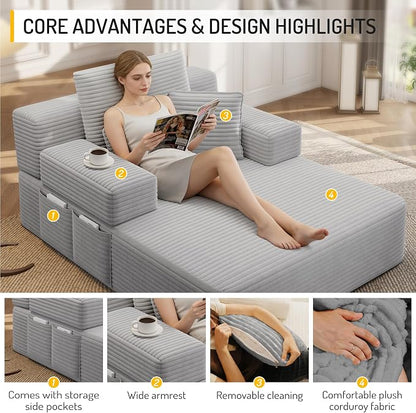 2-in-1 Convertible Chaise Lounge Indoor, 60.2" Corduroy Upholstered Chaise - Image 6