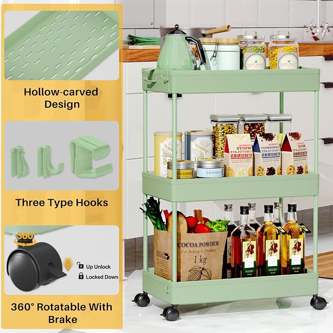 SPACEKEEPER Green 3-Tier Rolling Storage Cart, Bathroom & Kitchen Organizer - Image 7