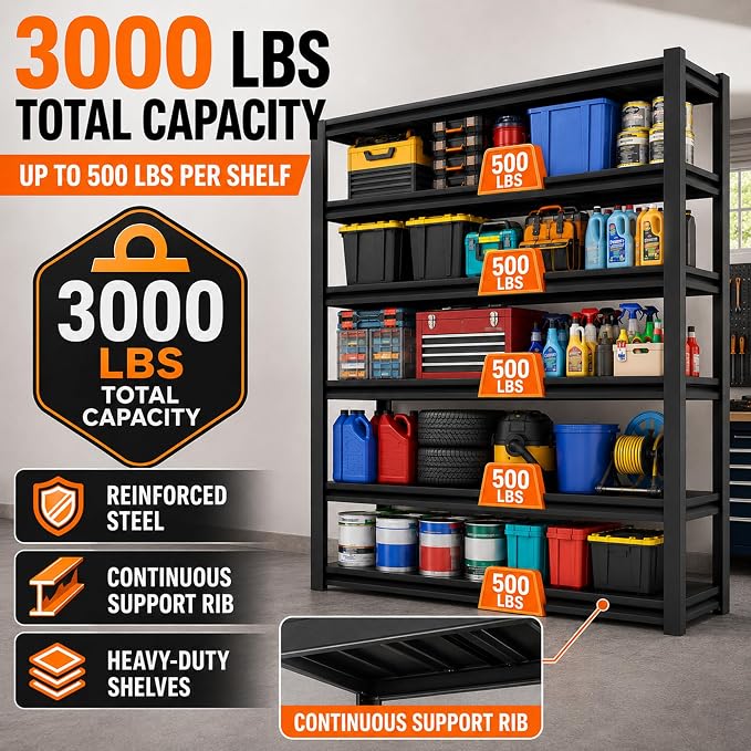 SAWJEC 48" W x 18" D x 82.5" H Tall Heavy Duty 6 Tier Garage Shelving | 3000 - Image 4