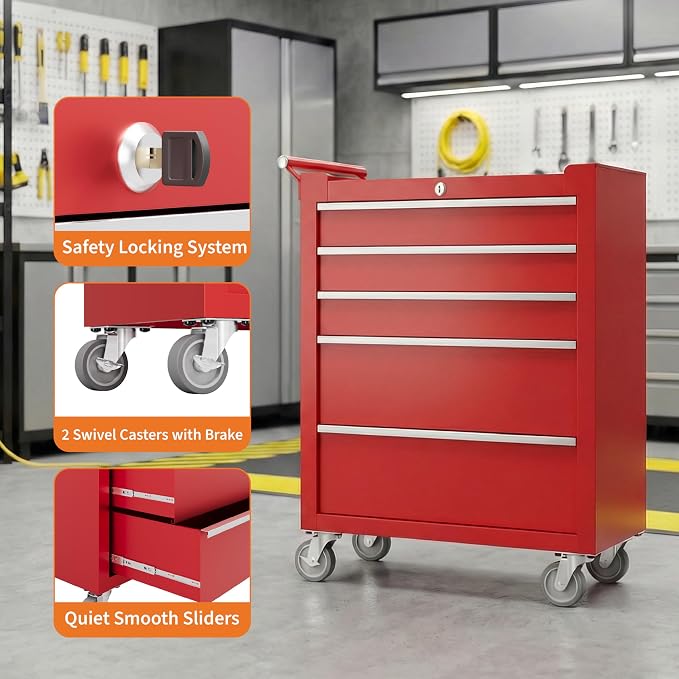 Rolling Tool Chest with Wheels, 5 Drawer Tool Storage Cabinet, Portable Toolbox - Image 7