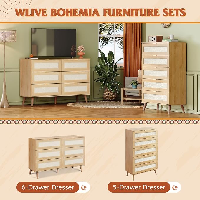 WLIVE Rattan Dresser for Bedroom, Boho Dresser Closet Storage Organizer for - Image 8