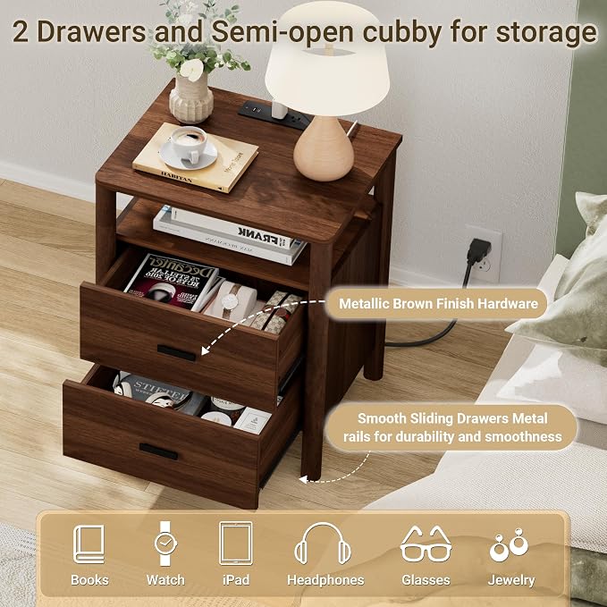Night Stand with Charging Station, 2 Drawers Nightstand with Open Shelf - Image 5