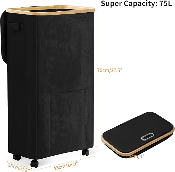 Laundry Basket with Wheels, Dirty Clothes Hamper on Wheels, Rolling Tall - Image 2