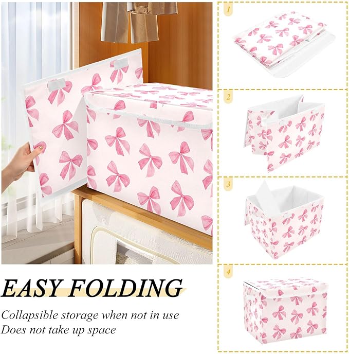 Pink Bow Storage Bins with Lids and Carrying Handle, Foldable Storage Boxes - Image 4