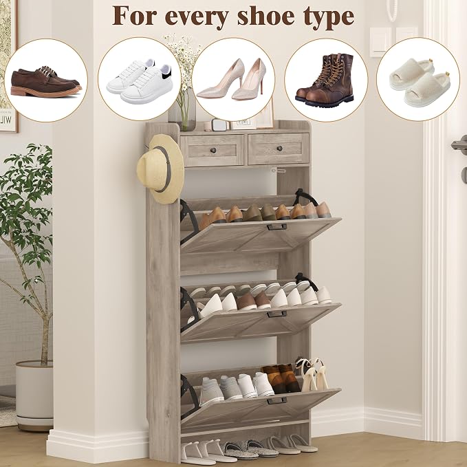 Thacuok Shoe Cabinet with 3 Flip Drawers & 2 Storage Drawers, Rustic Farmhouse - Image 8