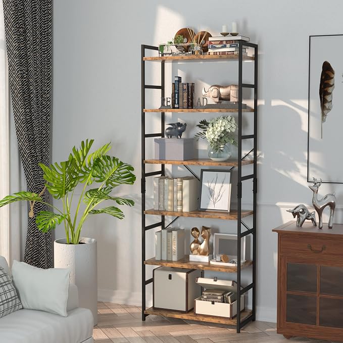 NUMENN 6 Tier Bookshelf, Tall Freestanding Open Storage Bookcase, Vintage | - Image 4