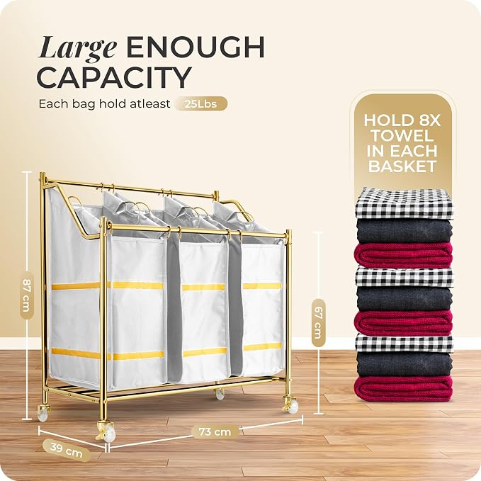 LUXURY STYLE 3- Sections Laundry Sorter, Roling Laundry Cart, Modern Golden - Image 5