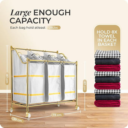LUXURY STYLE 3- Sections Laundry Sorter, Roling Laundry Cart, Modern Golden - Image 5