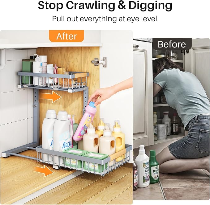 PXRACK Under Sink Organizer, Adjustable Height, 2 Tier Pull Out Under Cabinet - Image 4
