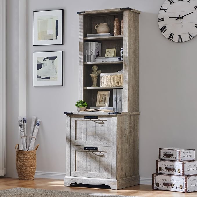 RedLemon Bookcase with 2 File Drawers, 4 Tier Rustic Wood Bookshelf with Cabinet by REDLEMON
