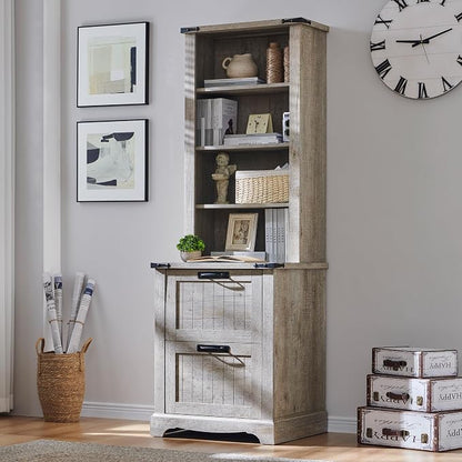 RedLemon Bookcase with 2 File Drawers, 4 Tier Rustic Wood Bookshelf with Cabinet by REDLEMON