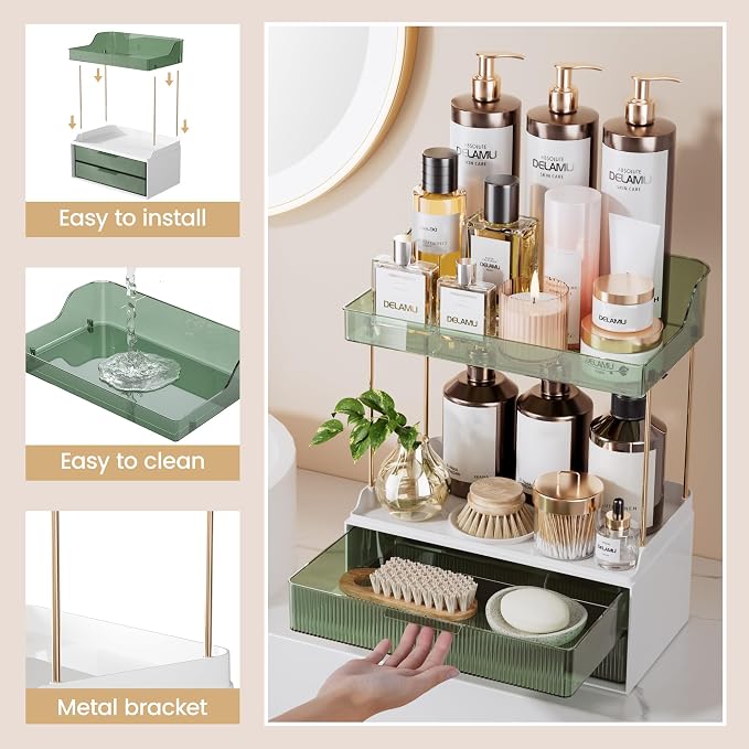 Delamu Bathroom Organizers and Storage, 2 Tier 2 Drawer Makeup Organizer - Image 6