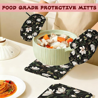 White Magnolia Oven Mitts and Pot Holders, Heat Resistant Non-Slip Silicone - Image 7