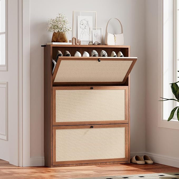 Rattan Shoe Cabinet with 3 Flip Drawers, Simple Setup Hidden Shoe Rack - Image 4