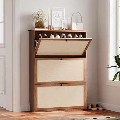Rattan Shoe Cabinet with 3 Flip Drawers, Simple Setup Hidden Shoe Rack - Image 4