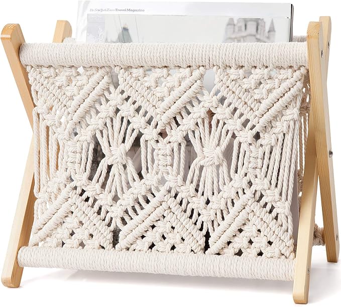 Mkono Macrame Magazine Rack Boho Storage Holder Standing Basket by Mkono