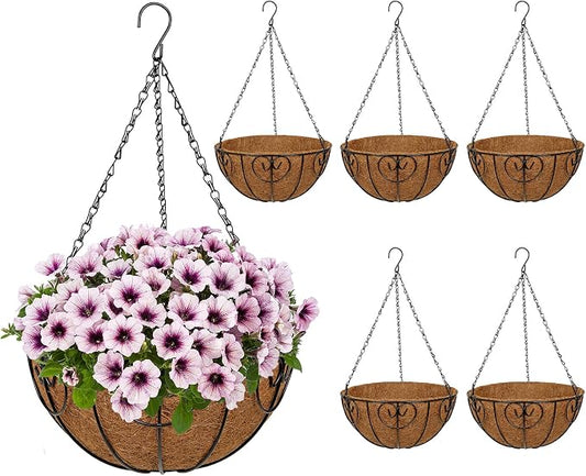 12 inch Metal Hanging Baskets for Plants Outdoor, 6 Pack Metal Wire Hanging by NatureCrafted