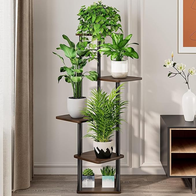 5 Tier Plant Stand Indoor, Thickened Metal Wood Corner Plant Shelf Stands - Image 4