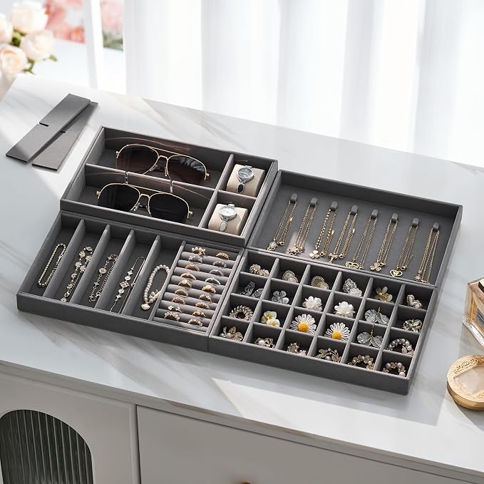 Velvet Jewelry Drawer Organizer Trays – Large Grey Stackable Jewelry Storage - Image 5