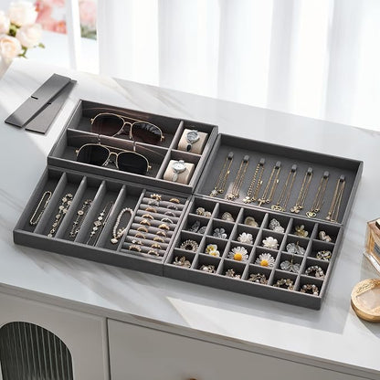 Velvet Jewelry Drawer Organizer Trays – Large Grey Stackable Jewelry Storage - Image 5