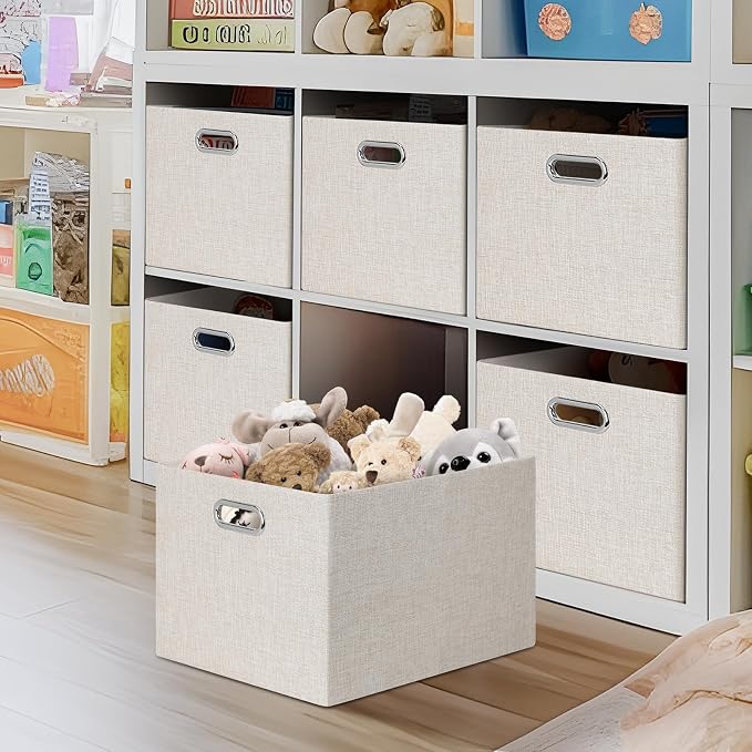 Posprica Closet Storage Bins, 4 Pack Large Closet Shelf Organizers, Linen - Image 6