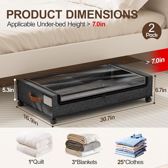 LAMU Under Bed Storage with Wheels, 2 Pack Under Bed Storage Containers with - Image 2