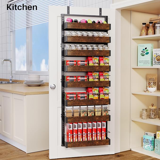 SNTD 8 Tiers Wooden Over Door Organizer, Rustic Brown | Pantry Door Organizers - Image 8