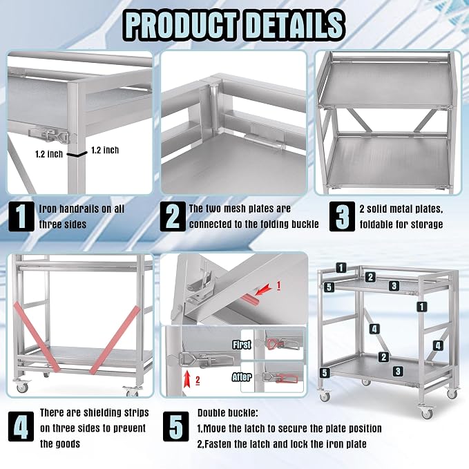 2 Shelf Rolling Cart with Wheels, 660lbs Capacity Collapsible Steel Rolling - Image 4