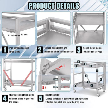 2 Shelf Rolling Cart with Wheels, 660lbs Capacity Collapsible Steel Rolling - Image 4