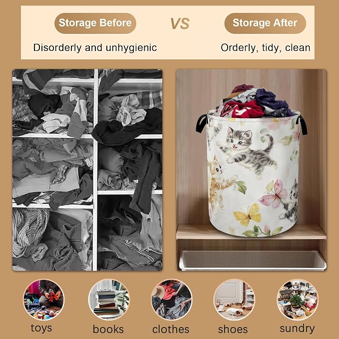 Cute Cats Laundry Hamper, Collapsible Laundry Baskets, Butterfly Floral Dirty - Image 5