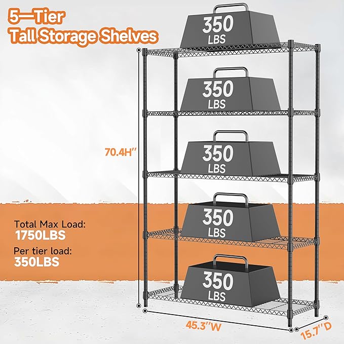 5 Tiers Shelf Metal Storage Shelves Standing 1750 LBs Household Shelf Organizer - Image 3