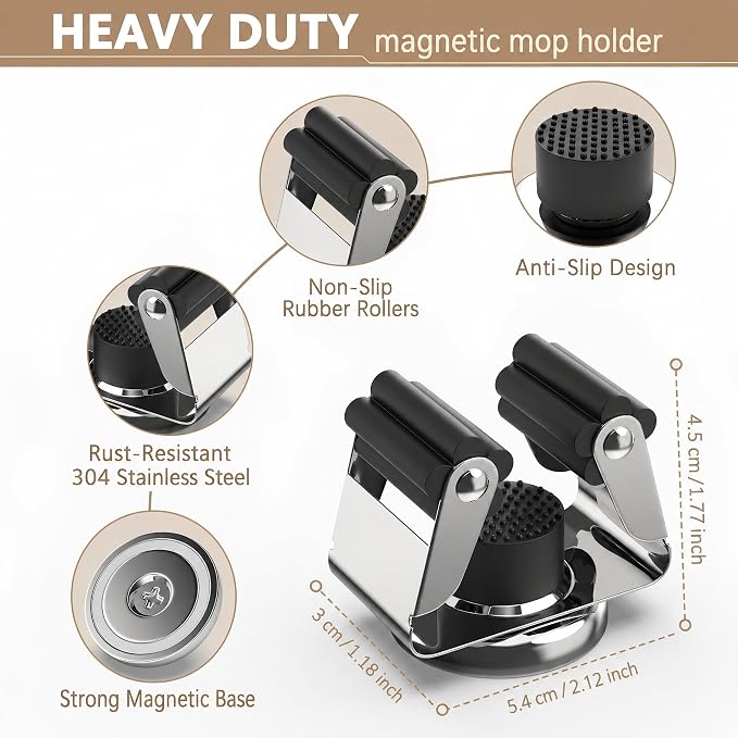 3-H Magnetic Broom Holder 4pcs, Stainless Steel No Drill Mop Holder Wall Mount - Image 5