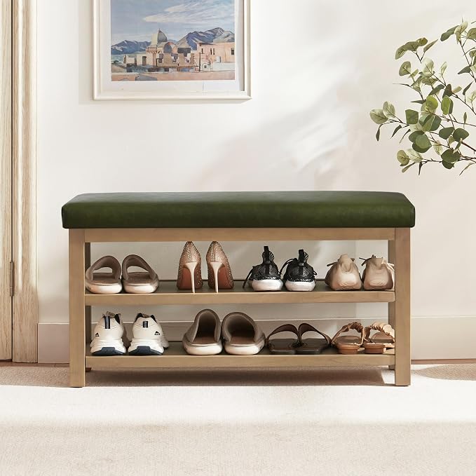 Zihanhome Shoe Rack Bench with Leather Cushion, 2 Tier Solid Wood Storage Bench by Zihanhome