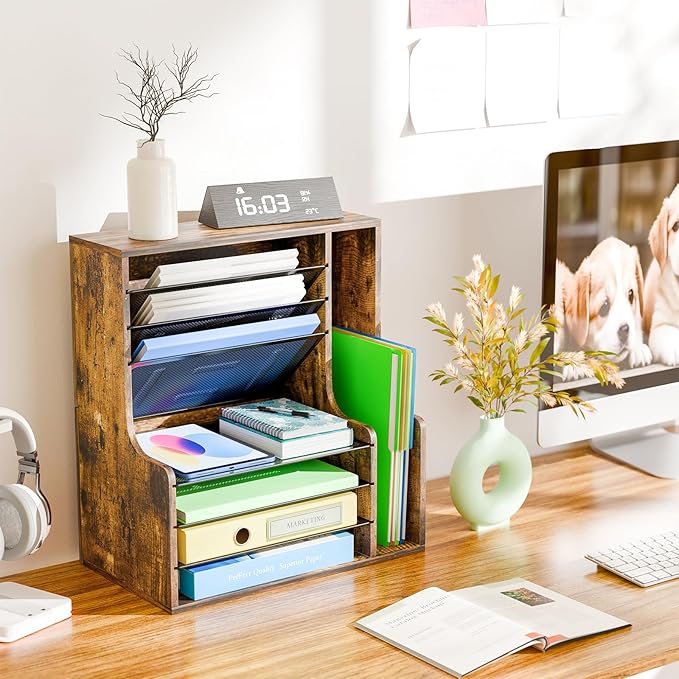 Simple Trending 7- Tier Desk File Organizer, Paper Organizer, Rustic Brown | - Image 2