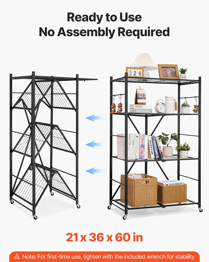 VEVOR 4-Tier Foldable Storage Shelf, 36W x 21D x 60H Inch Folding Metal Rack - Image 4