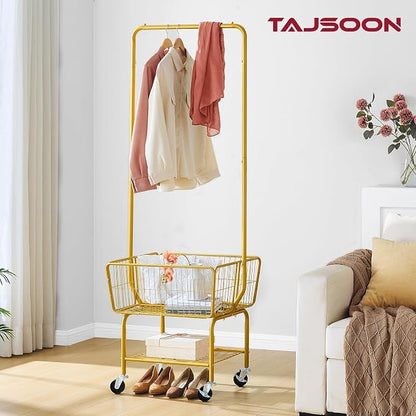 Tajsoon Laundry Cart with Wheels, Metal Rolling Laundry Hamper with Hanging Rack - Image 8